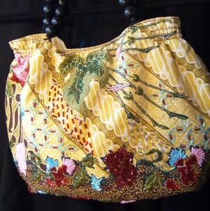 Nine West BoHo Style Beaded Cloth Purse With Wooden Beads Strap
